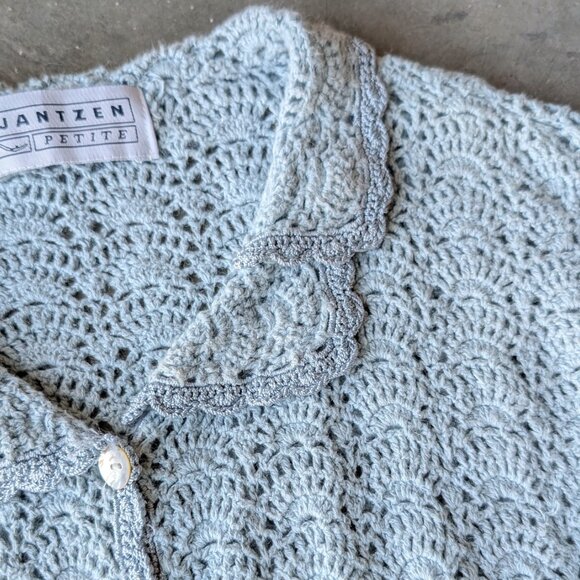 Vintage Jantzen Petite Blue Pointelle Knit Short Sleeve Collared Cardigan - Picture 3 of 7